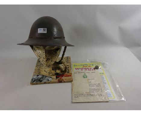 WWII Zuckerman Women's Land Army helmet, with display head, enrolment letter, original members leaflet and Land Army metal  b