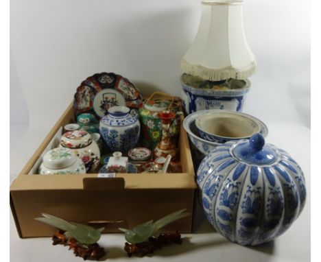 Early 20th Century Satsuma pottery candle stick, pair jade birds on wooden stands, blue and white oriental planters, table la