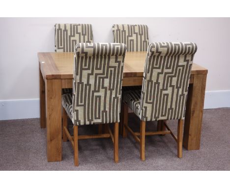 Light oak extending dining table with leaf (90cm x 140cm - 190cm, H75cm), and four upholstered high back chairs Condition Rep