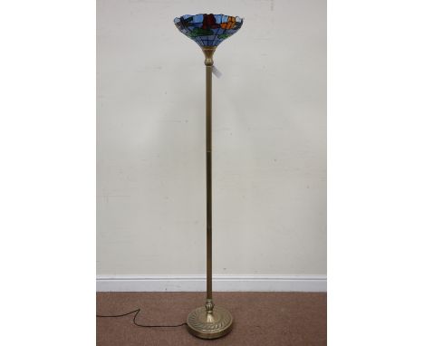 Burnished metal standard lamp with Tiffany style shade, H176cm (This item is PAT tested - 5 day warranty from date of sale)  