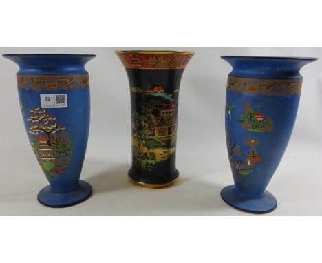 Pair 19th century Oriental blue ground vases and a Carltonware black chinoiserie vase (3) Condition Report Click here for fur