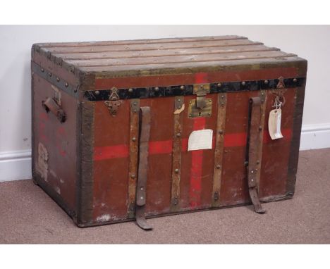 Late 19th century wood, metal and hessian bound travelling trunk, with the initials 'E.C', W92cm Condition Report Click here 