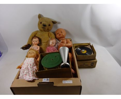 Child's German tinplate record player the 'Kiddyphone', vintage composite Pedigree doll, another with sound box, other vintag