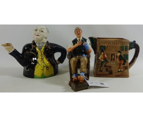 Royal Doulton figure - The Bachelor HN. 2319, Royal Doulton jug - The Pickwick Papers and a Linguard Mister Pickwick teapot  