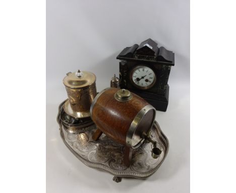 Victorian slate mantle clock, oak barrel, silver plate and miscellanea Condition Report Click here for further images, condit