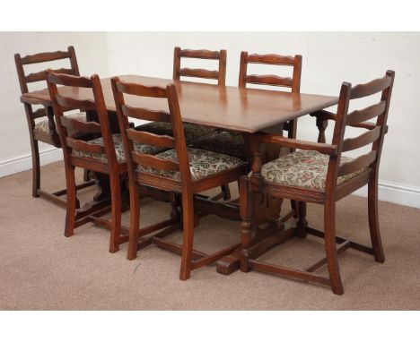 Reproduction medium oak table (160cm x 80cm, H74cm), and six (4+2) ladder back chairs Condition Report Click here for further