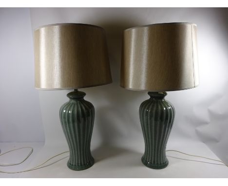 Pair green table lamps and a red Italian pottery table lamp (This item is PAT tested - 5 day warranty from date of sale)  Con