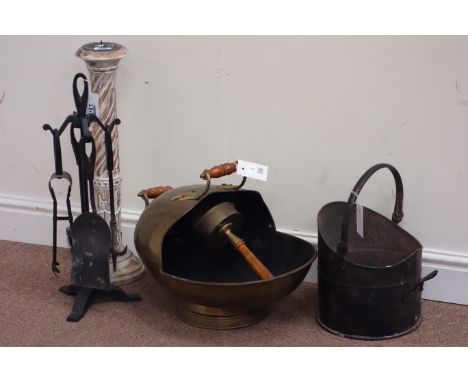 19th century beaten brass coal bucket and shovel, companion set, small coal scuttle and candle stick stand Condition Report C