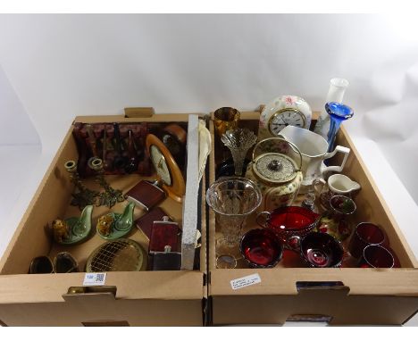 Pipe rack and pipes, Wade pipe holders, hip flasks, clocks, an Edwardian biscuit barrel, glassware and miscellanea in two box