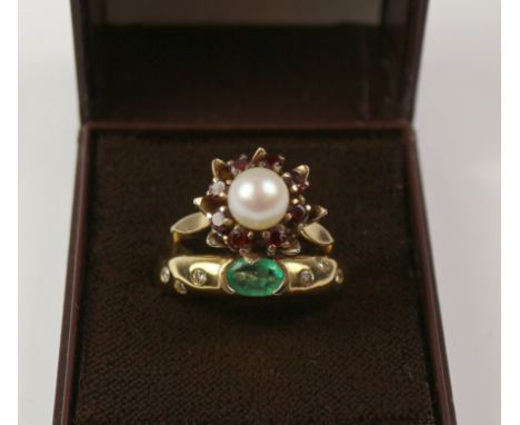 Garnet and pearl ring stamped 9ct and an emerald and diamond ring Condition Report Emerald ring shank cutClick here for furth