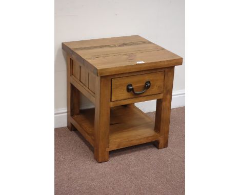 Square stained pine lamp table with drawer, 50cm x 50cm, H56cm Condition Report Click here for further images, condition, auc