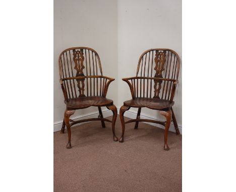 Pair late 20th century elm and beech Windsor armchairs, double hoop back with stick and fretted splat, front cabriole legs, c