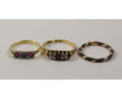 Gold gypsy ring set with garnets and diamonds, ruby, sapphire and diamond ring both hallmarked 18ct and rope twist ring (3) C