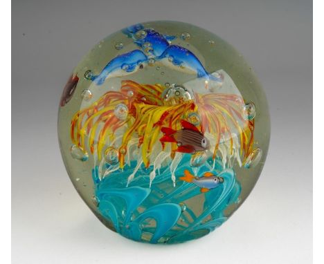 A Modern Murano style large Aquarium glass paperweight with Tropical fish and sea flower, unsigned