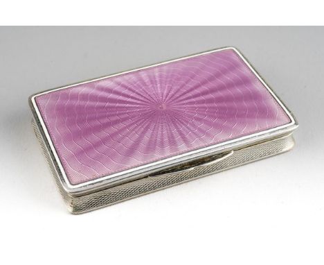 An early 20th century Continental white metal and lavender guilloche enamelled card case or snuff box, engine turned sides an
