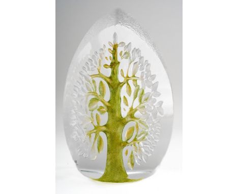 A Mats Jonasson Maleras Sweden large Tree and textured glass paperweight with green accent., signed to underside, model no 34