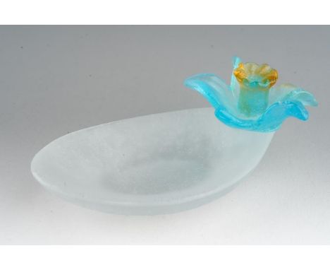 A Daum frosted glass coupelle or ring dish applied with blue Daffodil Jonquille, signed to underside Daum France., 9cm overal