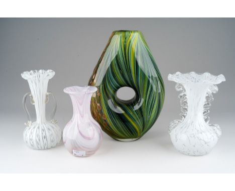 A Murano white glass latticino two handled vase with rough pontil mark, 17cm tall together with a white and clear carnival gl
