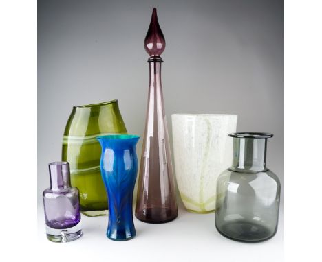 A 1950s style green Art Glass vase with smoke effect 36cm tall together with a large white mottled vase 31cm tall; a Caithnes