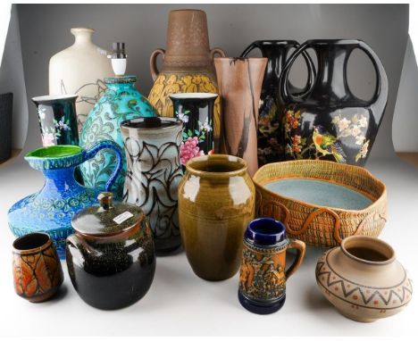 Two boxes of assorted 20th Century pottery to include: an Italian Bitossi Rimini blue pitcher jug, numbered 87/2896 to unders