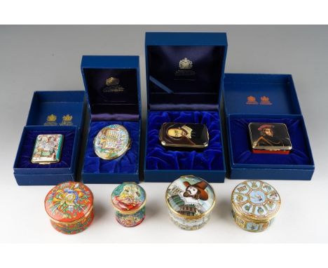 A collection of eight boxed and loose Halcyon Dyas enamel and porcelain boxes, comprising a limited edition rectangular Shake
