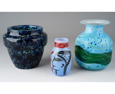 A Kosta Vodo (Swedish) blue vase decorated with faces, signed with label 8.5cm tall together with a Gozo glass "seaweed" patt