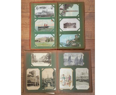 Two old time postcard albums containing approximately one hundred and seventy five postcards (105 in one, 70 in the other), s