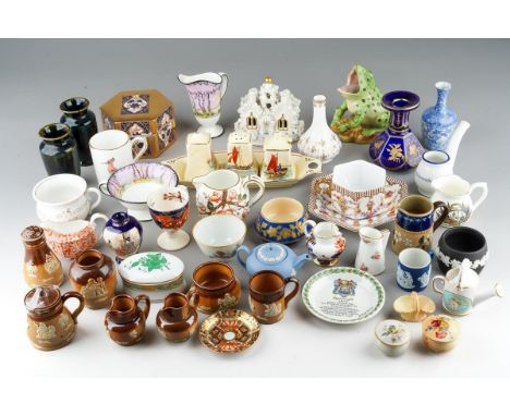 Assorted collection of miniature or small ceramics to include: Doulton Lambeth stoneware jugs, salt, pepper, mustard pot, mug