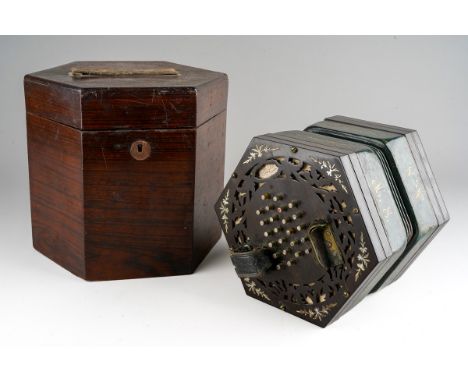 Cased 19th Century George Case 48 button English system concertina, fretted ends with mother of pearl inlays, metal buttons. 
