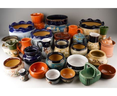 Assorted collection of Langley Pottery (Derbyshire) to include jardinieres, jugs, tobacco jars, vases, various shapes, size a