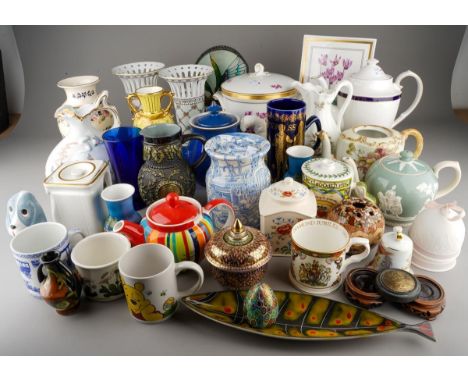 A collection of assorted Continental and English ceramics to include: Portuguese ice bucket and cover, decorated with purple 