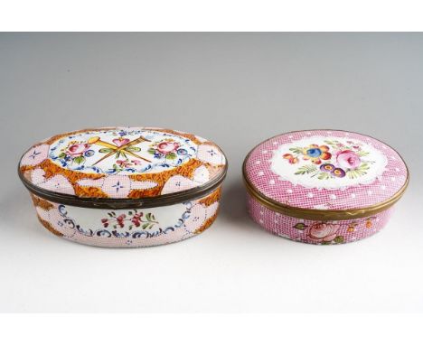Two George III Staffordshire enamel oval boxes with pink gingham ground, circa 1780, the larger with oval panel to the hinged