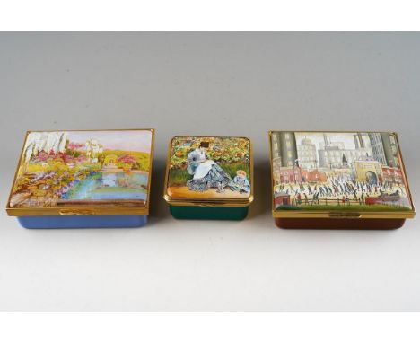 Three boxed limited edition Halcyon Days enamel boxes with famous paintings to the hinged covers, comprising L.S. Lowry 'Comi