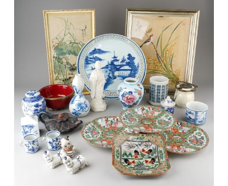A basket of mostly 20th century Chinese ceramics a painting and a print, including a blanc de chine figure of Guan Yin, heigh