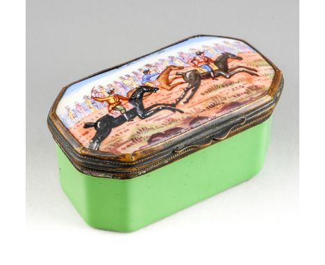 Horse Racing Interest: A 19th century enamel snuff box of rectangular canted form, the hinged lid depicting a steeplechase an