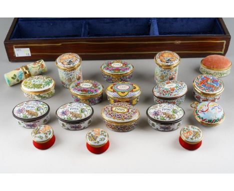 Seventeen Staffordshire enamel boxes, pin cushion, bodkin case, etc, including nine year boxes (1977, 1994 x 2, 1995, 1996 x3