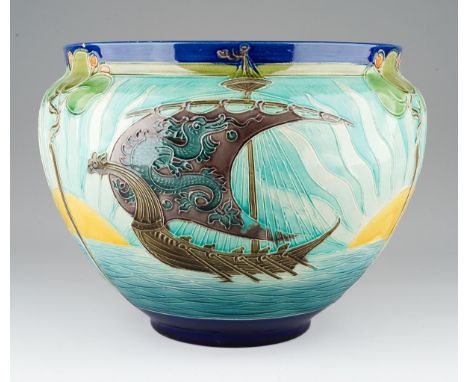 A Burmantofts Faience jardiniere designed by Joseph Walmsley, model no.2218 B, incised decoration with two sailing boats with