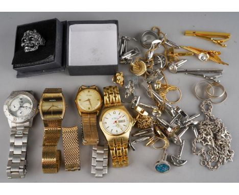 A bag containing a collection of four gent's wrist watches, a small quantity of silver jewellery, assorted plated cufflinks, 
