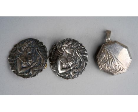 A pair of Art Nouveau silver buttons embossed with a Classical lady playing the harp, scalloped edges, hallmarked by J Gloste