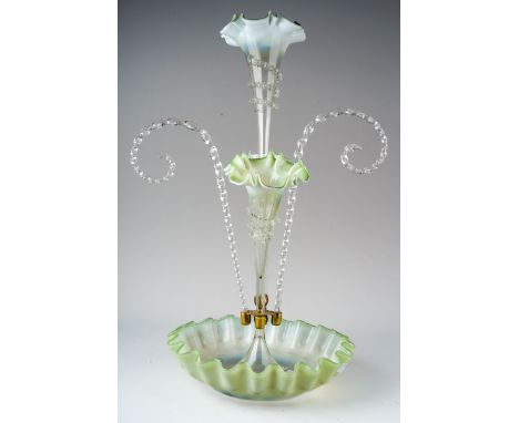 A late Victorian green, opaque and clear glass epergne, with central trumpet surrounded by two further trumpets and two twist