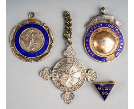 A George V silver, blue enamel and gilt DERBY &amp; DISTRICT FOOTBALL LEAGUE Division I Winners medal 1928-9., hallmarked J.W