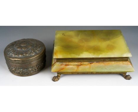 A gilt metal mounted Onyx jewellery casket and cover, on paw feet, velvet lined interior, approx 18 x 13 x 7cm and an Asian w