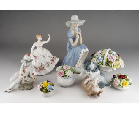 Collection of porcelain figures and ornaments to include various size encrusted flowers, Nao and Royal Doulton ( 1 box)
