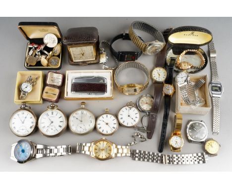 A collection of gent's and ladies wrist watches, silver cased pocket and fob watches, etc, including a Victorian silver cased