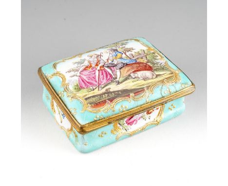 A late 18th century English enamel rectangular box, gilt metal mounts, light green ground, the cover decorated with a shepher