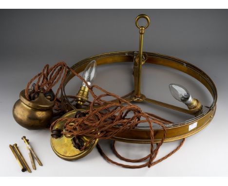 An early 20th Century three light brass mounted chandelier complete with cords and pulley system, approx 42cm diam