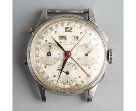 Rare Ernest Borel gents chronograph wristwatch in stainless steel. Diameter not including winder is 3.4cm. Watch winds and ti
