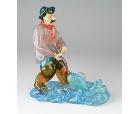 In the manner of Zelezny Brod Sklo and designer Jaroslav Brychtal, a glass figure of an Italian Fisherman landing a fish, app