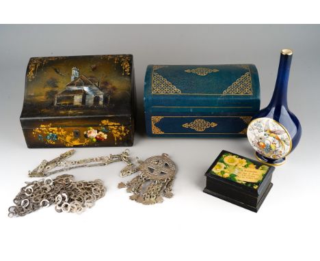 A Victorian papier mache and mother of pearl inlaid and painted piano top stationery box, papered interior with divisions, hi