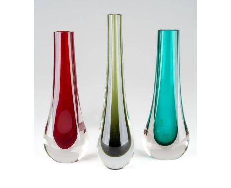 Three Whitefriars vases to include: 1. red cased Hambone vase, 20cm tall 2. green cased Hambone vase, 20cm tall (chip to rim)